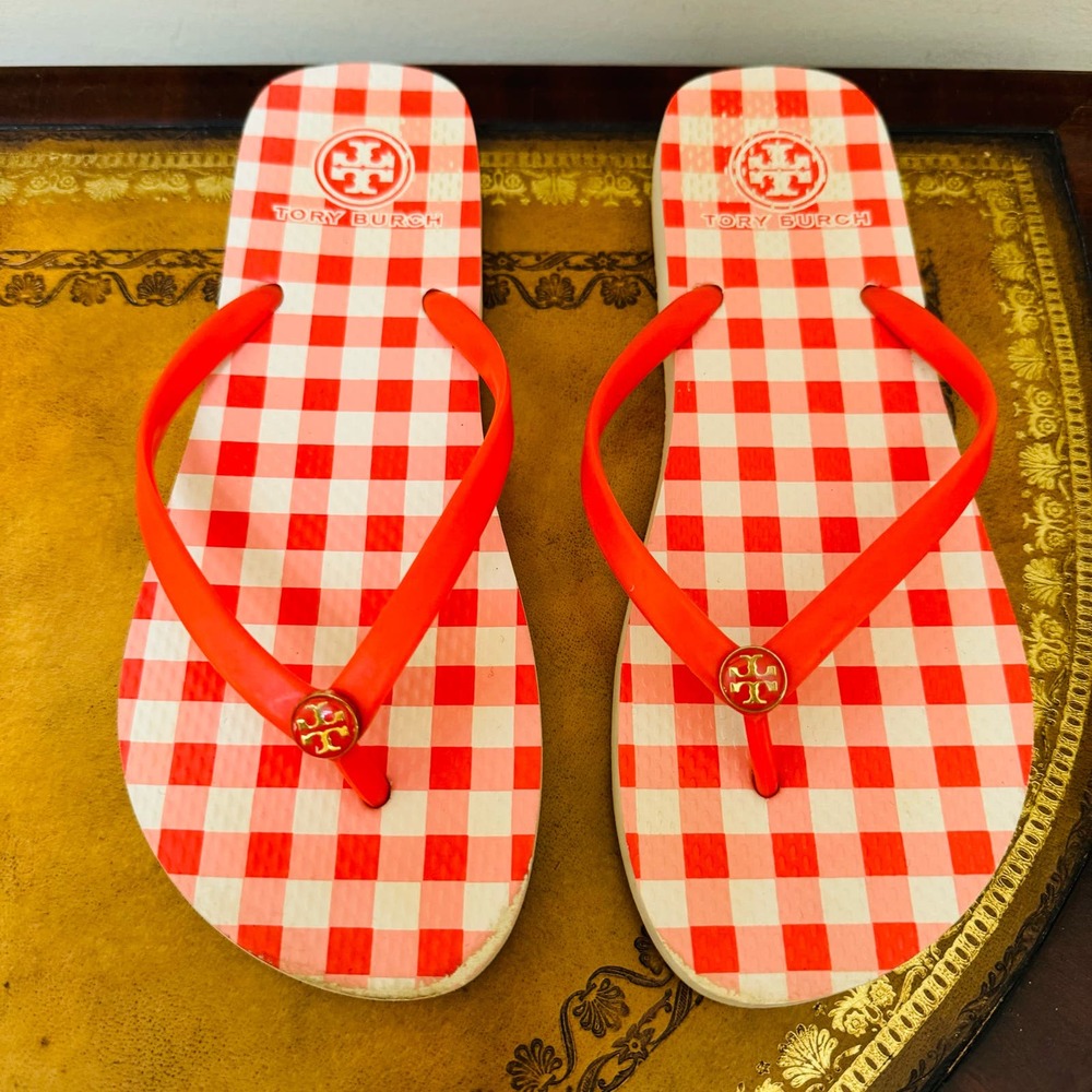 Tory Burch Red Gingham Plaid Slides Flip Flops Thongs Sandals Size 8.5